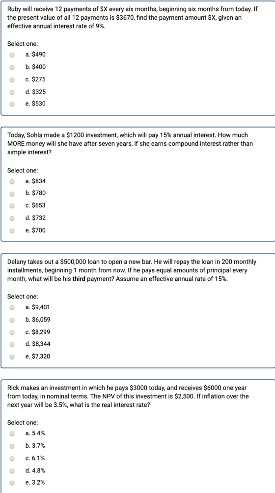 Ruby will receive 12 payments of $X every six months, beginning six months from today. If the present value of all 12 payment