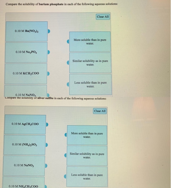 Compare the solubility of barium phosphate in each of the following aqueous solutions: Clear All 0.10 M Ba(NO3)2 More soluble