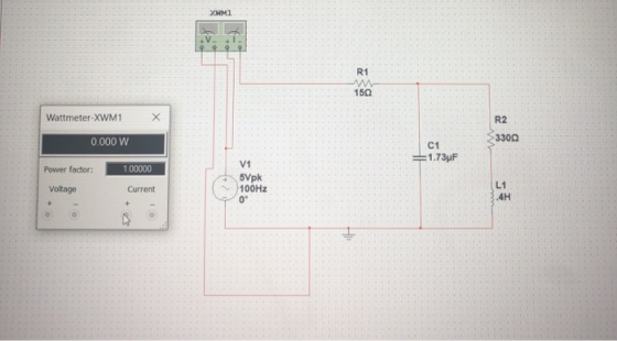 XHMI R1 w 150 R2 Wattmeter-XWM1 0.000 W 3300 C1 1.73 F Power factor: 1.00000 V1 5Vpk 100Hz 0° Voltage Current L1 .4H + 1