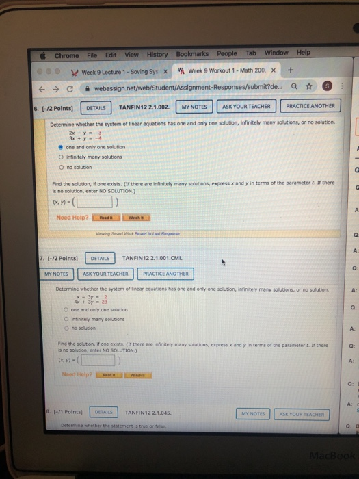 Chrome File Edit View History Bookmarks People Tab Window Help S T Week 9 Lecture 1 - Soving Sys x Week 9 Workout 1 - Math 20