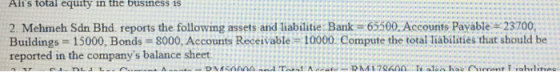 Alis total equity in the business is 2. Mehmeh Sdn Bhd reports the following assets and liabilitie Bank=65500. Accounts Paya