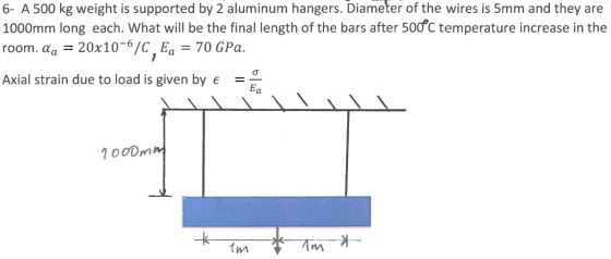 6- A 500 kg weight is supported by 2 aluminum hangers. Diameter of the wires is 5mm and they are 1000mm long each. What will