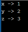 x -> 1 y -> 2 z -> 3