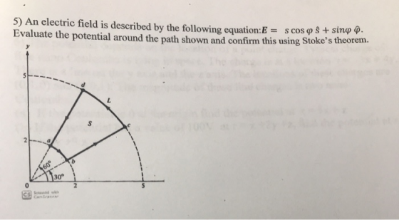 5) An electric field is described by the following equation:E = s cos p sinp p Evaluate the potential around the path shown a