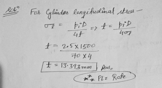 Bolº For Glinder longifudinal stress - Jer bid ate pid ht 450 t- 2.5x1500 фо ху It = 13.393mm Ans, PLZ Rate