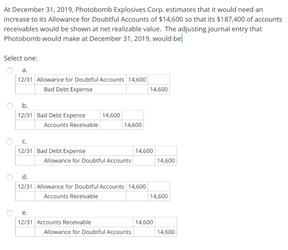 At December 31, 2019, Photobomb Explosives Corp. estimates that it would need an increase to its Allowance for Doubtful Accou