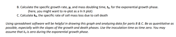 B. Calculate the specific growth rate, y, and mass doubling time, td, for the exponential growth phase. (here, you might want