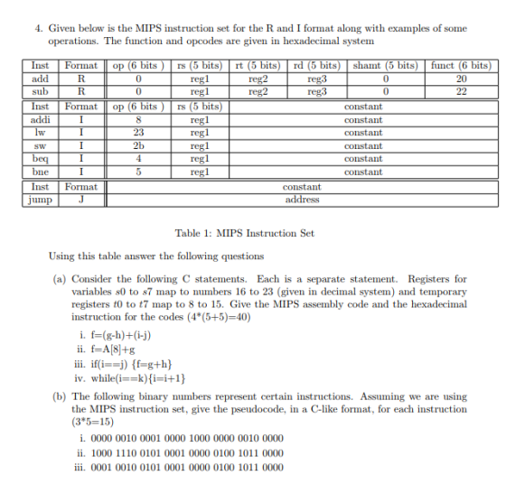 4. Given below is the MIPS instruction set for the R and I format along with examples of some operations. The function and op