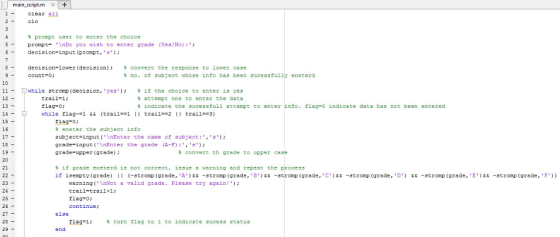 main script.m+ 1clear all 2-clc 5- 6- prompt user to enter the choice prompt- \nDo you wish to enter grade decision-input (p