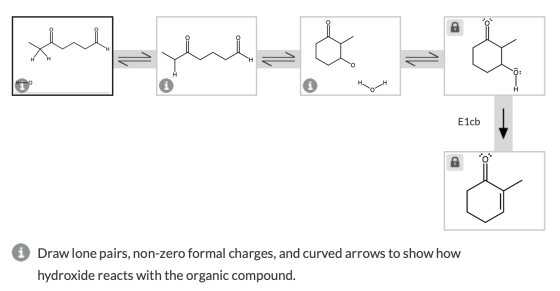 :0— I Elcb Draw lone pairs, non-zero formal charges, and curved arrows to show how hydroxide reacts with the organic compound