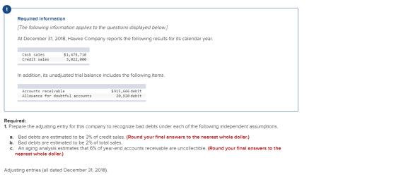Required information (The following information applies to the questions displayed below.] At December 31, 2018, Hawke Compan