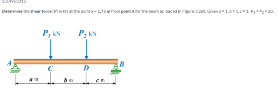 ..4953315 Determine the shear force (V) in kN at the point x = 1.75 m from point A for the beam as loaded in Figure 3.2a8. Gi