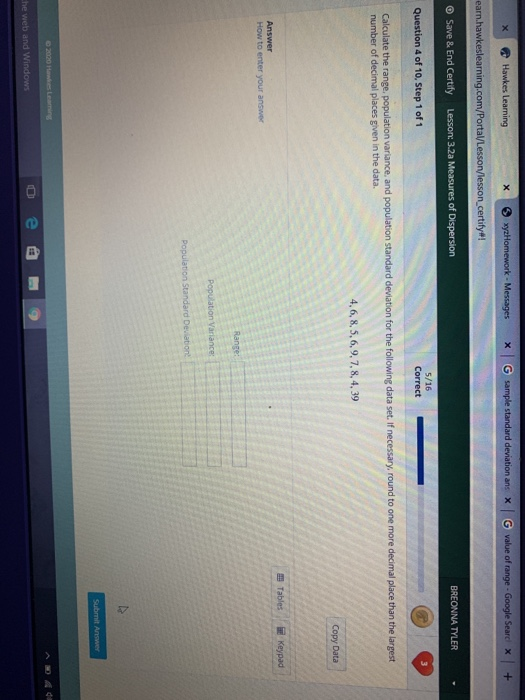 Hawkes Learning x xyzHomework - Messages sample standard deviation ans x G value of range - Google Searc + earn.hawkeslearnin