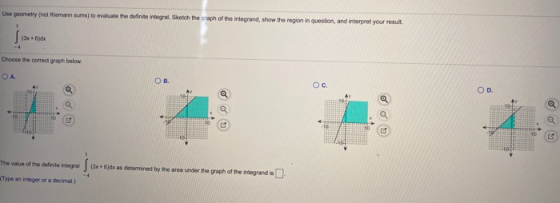 Use geometry (not Riemann suma) to evaluate the definite integral Sketch the graph of the integrand, show the region in quest