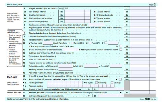 Form 1040 (2018) Page 2 1 Wages, salaries, tips, etc. Attach Form(s) W-2 2a Tax-exempt interest 2a b Taxable interest b Ordin