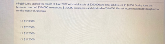 Kingbird, Inc started the month of June 2022 with total assets of $207000 and total liabilities of $117000. During June, the