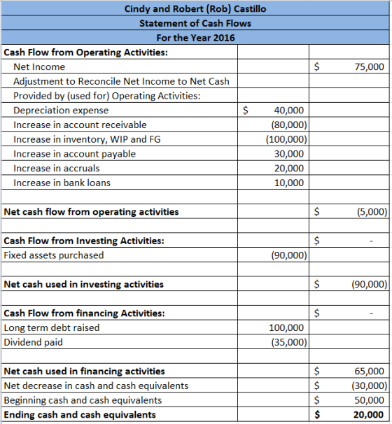 $ 75,000 Cindy and Robert (Rob) Castillo Statement of Cash Flows For the Year 2016 Cash Flow from Operating Activities: Net I