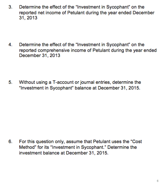 3. Determine the effect of the Investment in Sycophant on the reported net income of Petulant during the year ended Decembe