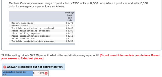 Martinez Companys relevant range of production is 7,500 units to 12,500 units. When it produces and sells 10,000 units, its