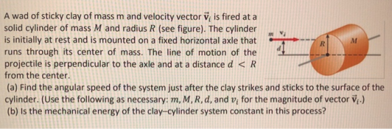 A wad of sticky clay of mass m and velocity vector Vis fired at a solid cylinder of mass M and radius R (see figure). The cyl