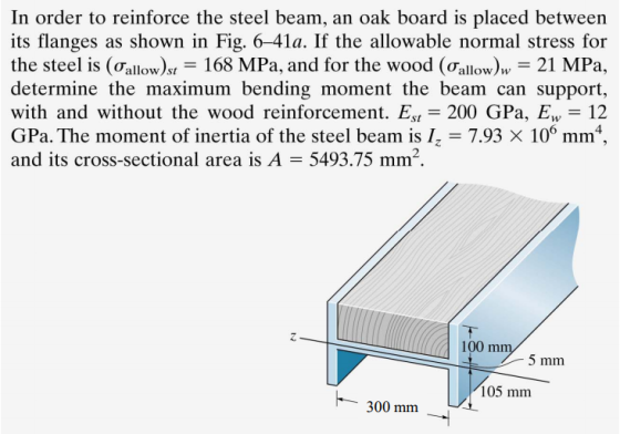 In order to reinforce the steel beam, an oak board is placed between its flanges as shown in Fig. 6-41a. If the allowable normal stress for the steel is (Onllow)st-168 MPa, and for the wood (Onllow)W-21 MPa determine the maximum bending moment the beam can support, with and without the wood reinforcement. Est-200 GPa, Ew-12 GPa. The moment of inertia of the steel beam is Iz-7.93 × 106 mm4 and its cross-sectional area is A 5493.75 mm2. 100 m 5 mm 105 mm 300mm →