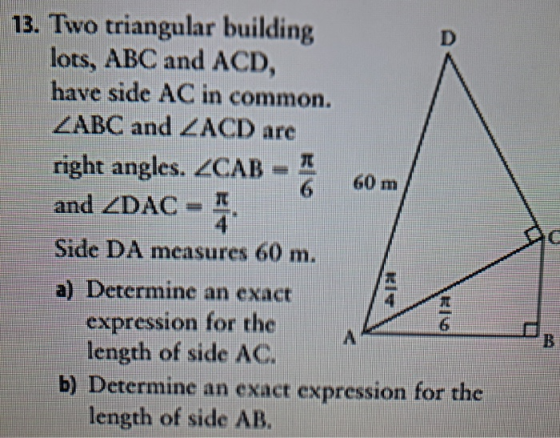 13. Two triangular building lots, ABC and ACD, have side AC in common. ZABC and ZACD are D right angles. ZCAB 60 m and ZDAC 4