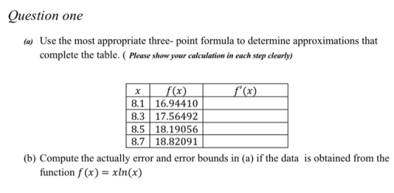 Question one (a) Use the most appropriate three-point formula to determine approximations that complete the table. ( Please s