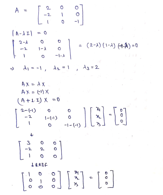 A = [ 2 0 0 7 | -2 1 0 Li 0 - 1 LA-d Il = 0 † 2-0 0 0 1 = (2-1)(1-4) (+)=0 1 -2 1- F1 O -lad | » di = -1, de = 1 ; +3 = 2 AX=
