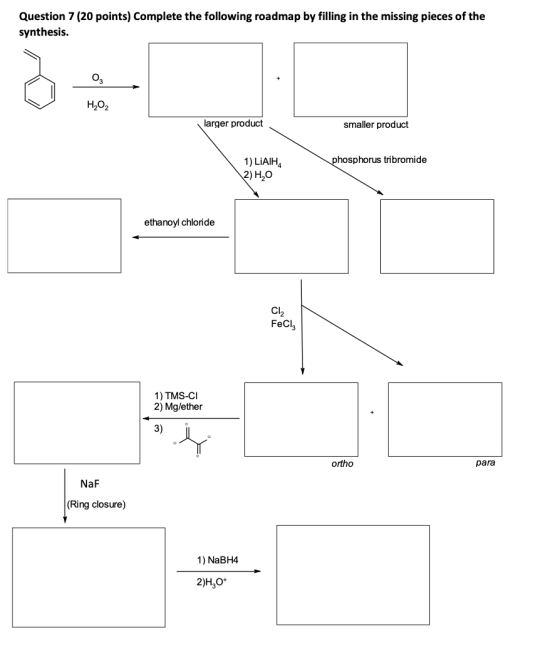 Question 7 (20 points) Complete the following roadmap by filling in the missing pieces of the synthesis. 03 H2O2 larger produ
