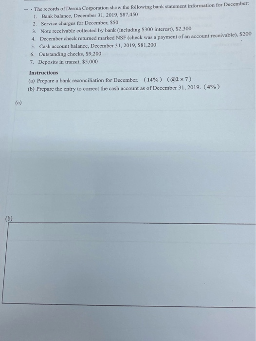 - The records of Derma Corporation show the following bank statement information for December 1. Bank balance, December 31, 2