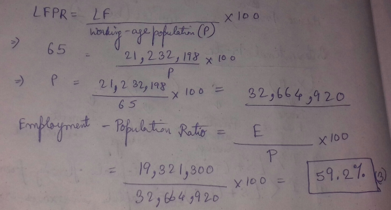 XIDO LEPR = LF I working-age population (P) > 65 go = 21, 232, 198 x 100 - P = 21, 2 32, 198 100 = 32,664,920 65. Employment