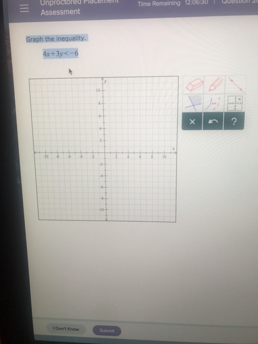 Unproctored Placement Time Remaining 12:06:30 1 desuon -Assessment Graph the inequality. +3y<-6 10 -2 10 I Dont Know Submit