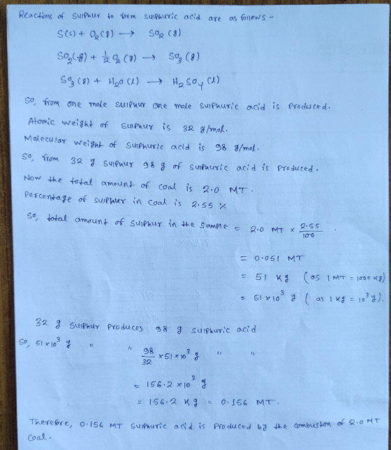 Reactions of sulphur to form sulphuric acid are as follows- S(s) + 0,08) - S02 (8) SO,(-9) + (9) - So (9) 5909) + H2o W → Hz