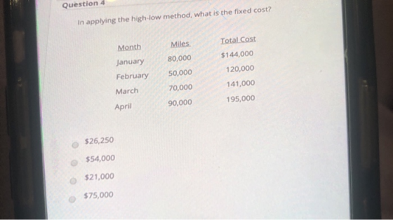 Question 4 In applying the high-low method, what is the fixed cost? Month Miles 80,000 January February 50,000 Total Cost $14