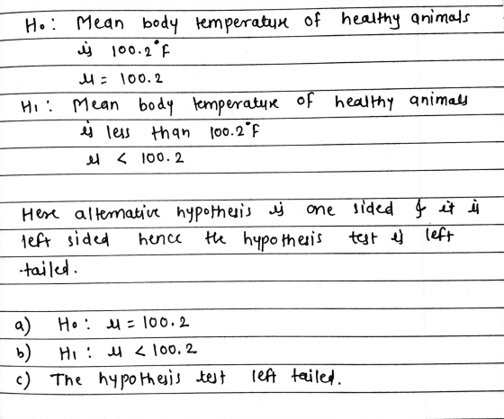 Ho: Mean body temperature of healthy animals Ý 100.2°F M: 100.2 Hii Mean body temperature of healthy animals es less than 100