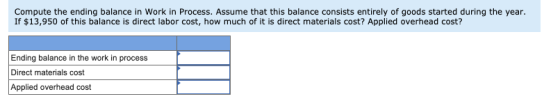 Compute the ending balance in Work in Process. Assume that this balance consists entirely of goods started during the year. I