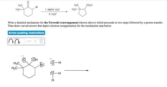H3C Нас H3C CO2H Br 1. NaOH, H20 2 HJo Write a detailed mechanism for the Favorski rearrangement (shown above) which proceeds