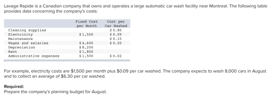 Lavage Rapide is a Canadian company that owns and operates a large automatic car wash facility near Montreal. The following t