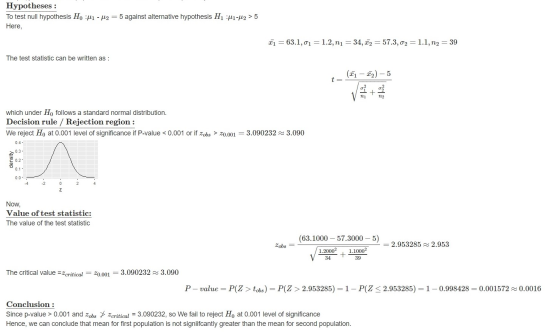 Hypotheses : To test null hypothesis H J1 - H2 = 5 against alternative hypothesis H1 H1-42 > 5 Here, 21 = 63.1,01 = 1.2, n1 =
