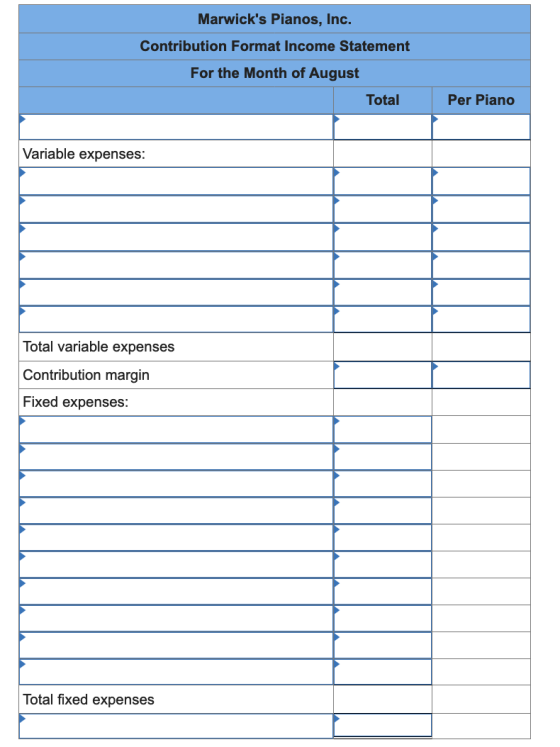 Marwicks Pianos, Inc. Contribution Format Income Statement For the Month of August Total Per Piano Variable expenses: Total