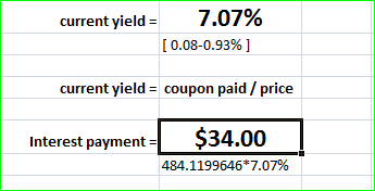 current yield = 7.07% [0.08-0.93%] current yield = coupon paid / price Interest payment = $34.00 484.1199646*7.07%