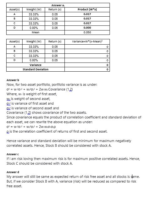 Asset x) A Weight (W) 33.33% 33.33% 33.33% 0.00% Mean Answer a. Return (x] 0.05 0.05 0.05 0.05 Product (Wºx) 0.017 0.017 0.01