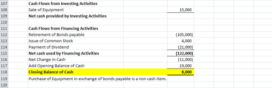 107 Cash Flows from Investing Activities Sale of Equipment Net cash provided by Investing Activities 15,000 108 109 110 111 1