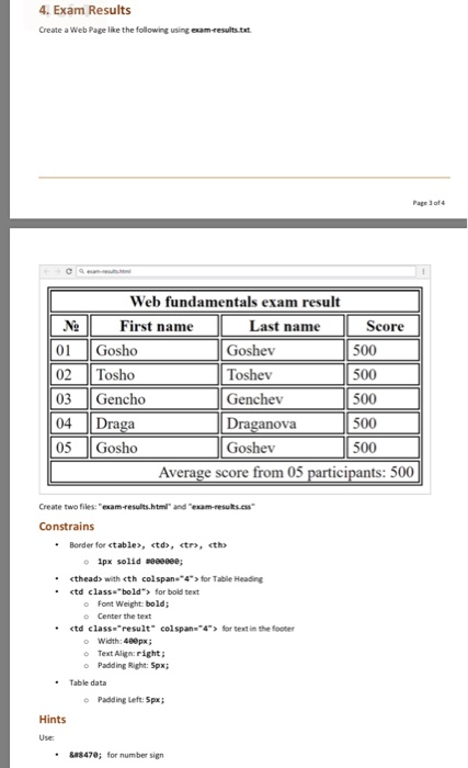 .Exam Results Create a Web Page like the following using exam-results txt Page 3 of4 Web fundamentals exam result First name