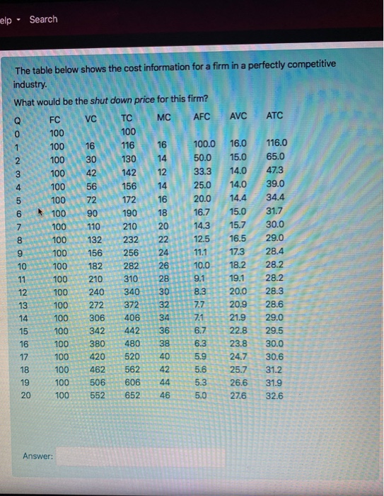 Help Search 1 3 4 5 20.0 6 The table below shows the cost information for a firm in a perfectly competitive industry. What wo
