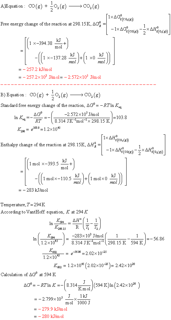 A Equation CO(g) + 02(g)CO2 (g) Free energy change of the reaction at 298.15K, AG- kJ mol 1 x-394.38+ kJ 1 Χ-13728 mol -257.2 kJ/mol B)Equati on CO (g0()CO2 (g) Stan dard free energy change of the reaction, AG- RTIn K -2.572x10 Jmol 103.8 RT8.314 JK mol 298.15 K Enthalpy change of the reaction at 298.15K, AH = 1 mol x-393.5 kJt mol 1 molx-110.5 +1molx0 =-283 kJ/mol Temperature,T-294K According to VantHoff equation, K at 294 K In 94- 29815 RT In (12 r- -283x103 J/mol1 8.314 JK mol-l. 298.15 K )-5686 594 K K60 K2 1.2x105 (2.02x105)-242x10 Calculation of AG0 at 594 K in K =-(8314Rnd)(594 K)In(242x1020 ) mol 1000 J -279.9 kJ/mol -280 kJ/mol