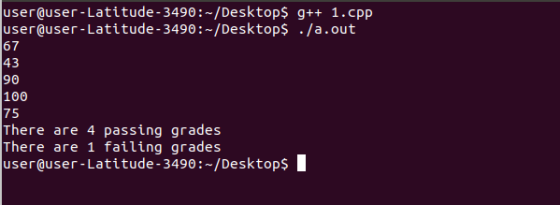 user@user-Latitude - 3490:-/Desktop$ g++ 1.cpp user@user-Latitude - 3490:-/Desktop$ ./a.out 67 43 90 100 75 There are 4 passi