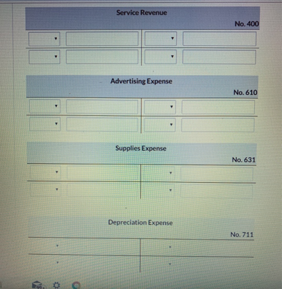 Service Revenue No. 400 Advertising Expense No.610 Supplies Expense No. 631 Depreciation Expense No. 711