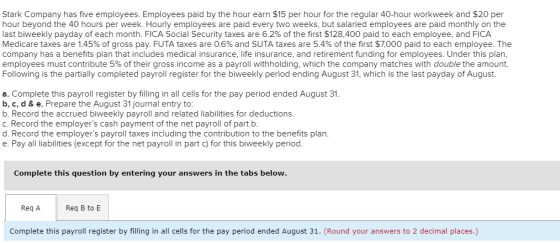 Stark Company has five employees. Employees paid by the hour earn $15 per hour for the regular 40-hour workweek and $20 per h