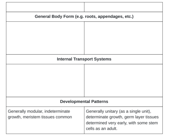 General Body Form (e.g. roots, appendages, etc.) Internal Transport Systems Developmental Patterns Generally modular, indeter